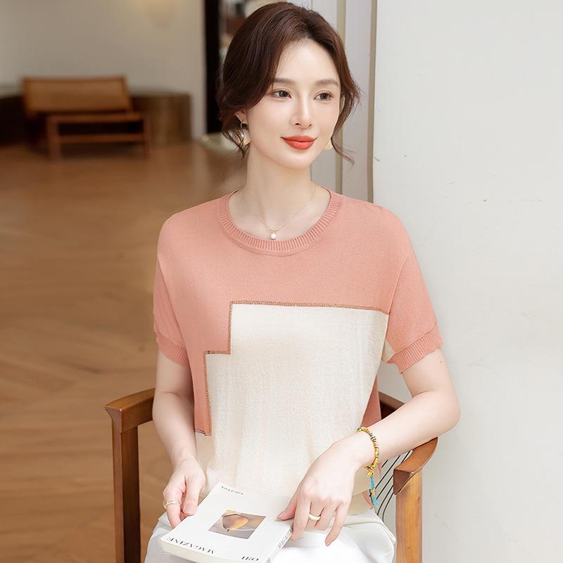 Mom's Stylish Ice Silk Summer Knit T-Shirt: Age-Reducing Short-Sleeved Top for Middle-Aged & Elderly Women