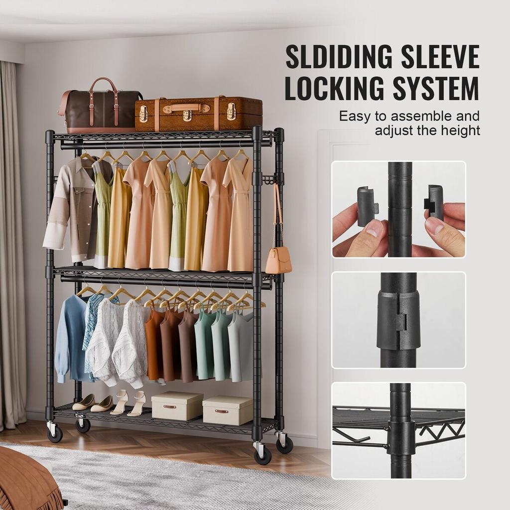 Heavy Duty Clothes Rack, Rolling Clothing Garment Rack with 3 Storage Tiers, 2 Rods and 2 Pairs Side Hooks, Adjustable Height Clothing Rack Closet for