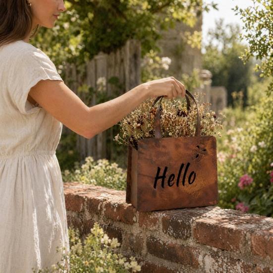 Rustic Metal Handbag Planter with Double-Sided Hello and Welcome Signs, Farmhouse Wall Mount Flower Pot, Vintage Hanging Purse Shaped Succulents