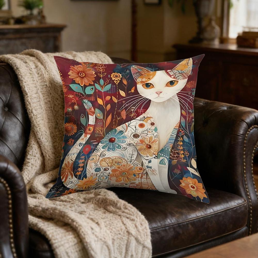 1Pc Bohemian Multicolor Floral Cat Print Square Cushion Cover Soft Breathable Sofa Bedroom Home Decor x-2