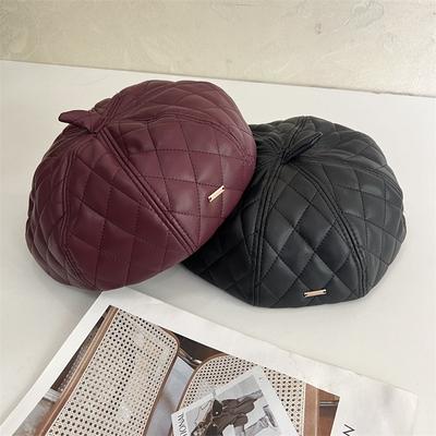New Rhombus Beret Children's Socialite Style Light Luxury Leather Painter Hat Splicing Retro Fashion Trend