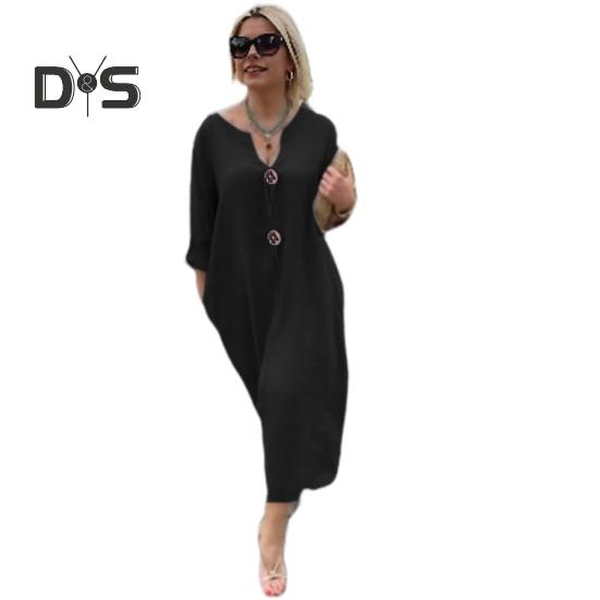 Women Dress V Neck Button Decor Long Sleeve Loose Solid Color Plus Size Mid-calf Length Simple Style Commute Daily Wear Midi Dress