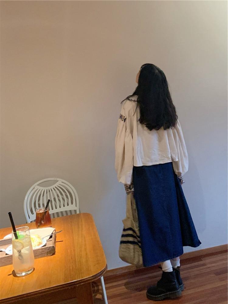 Retro Embroidered Denim Shirt & Lace Asymmetrical Fishtail Skirt Set for Spring & Autumn
