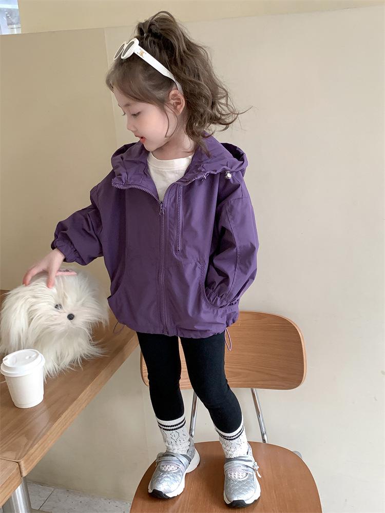 Autumn 2025 Korean Style Girls' Hooded Windbreaker Coat with Double Zipper