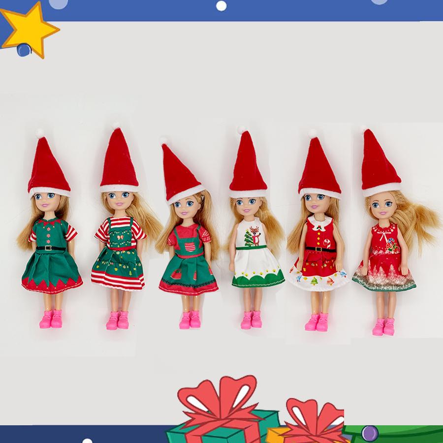 6PCS Fashion Xmas Day Outfic Dresses Designed for 5 In/12cm Dolls Clothes Featuring Cap Doll Accessories Xmas Present Designed for Children Playthings