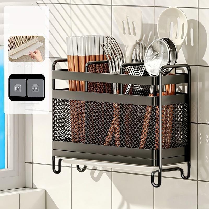 2/3 Partition Kitchen Utensil Storage Rack Wall Mounted And Countertop Dual Use Space Saving With Drain Tray