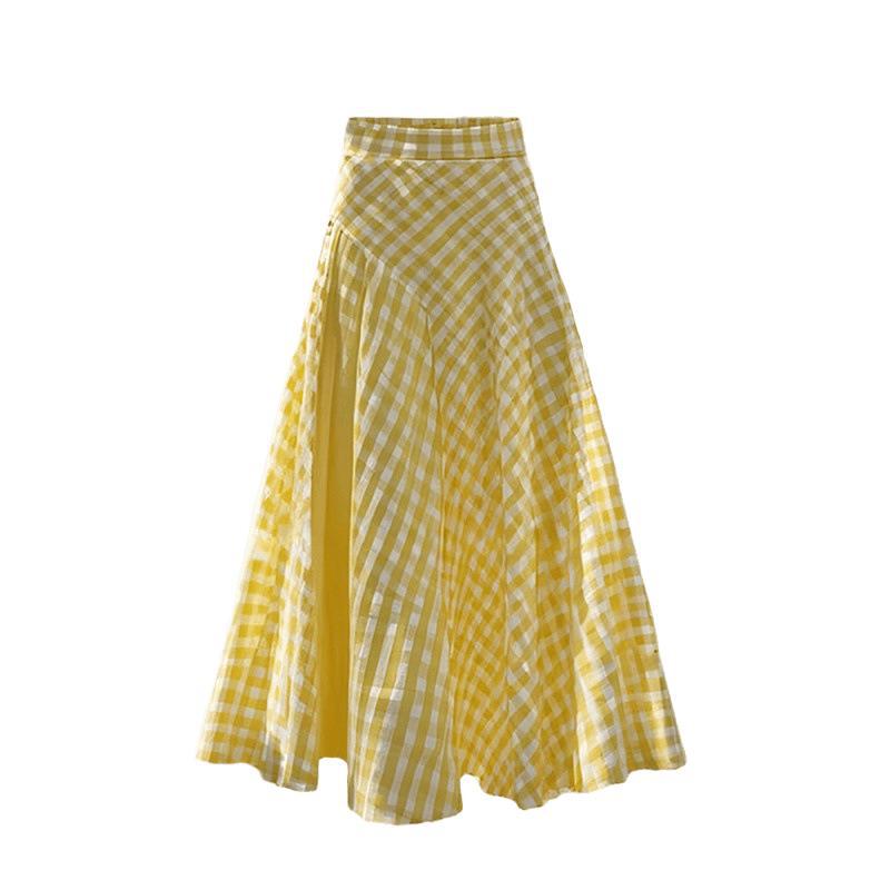 Spring Summer Skirt Dopamine Yellow Waist Plaid Design Long Skirt for Women