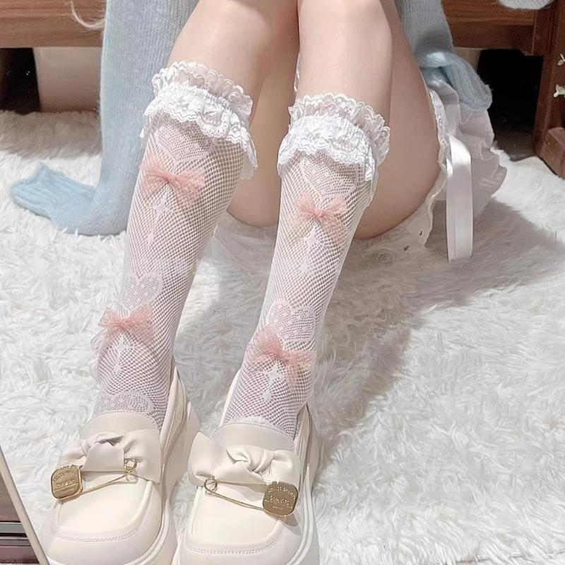 Student Pink Bowknot Mesh Calf Socks Ladies Sexy Print Love Thin Mesh Hollow Fashion Lace Stockings Fishnet Lolita Solid Color