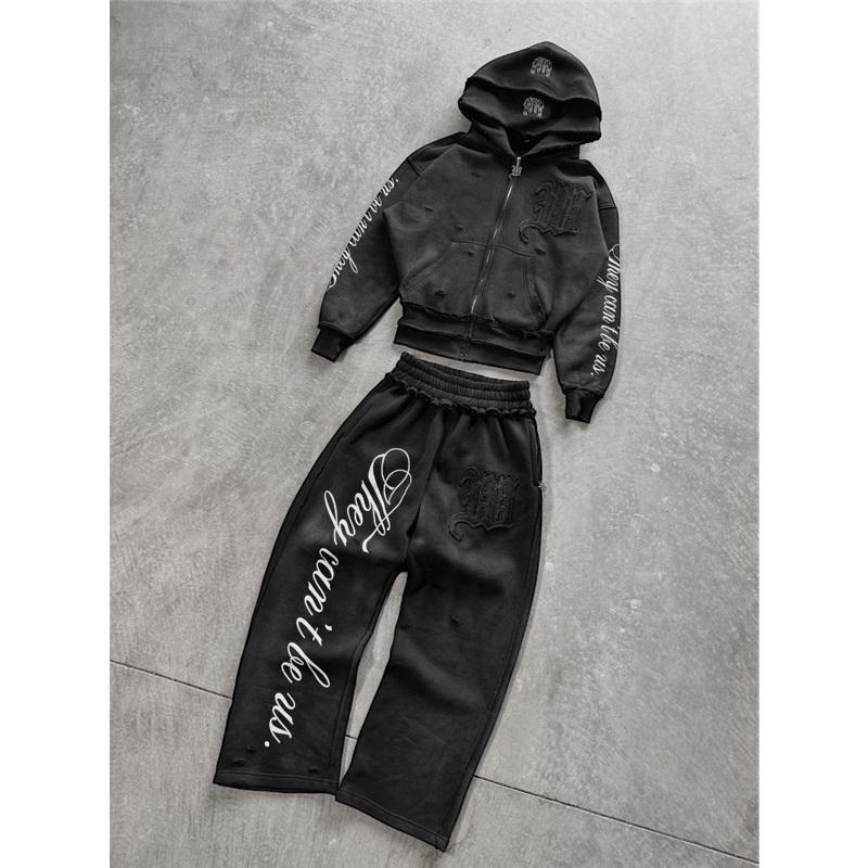Bluza z kapturem Y2K Harajuku Punk Gotycka Luźna z haftowanym amerykańskim naszywką Casual Podwójny kaptur High Street Retro Sportowa Sui