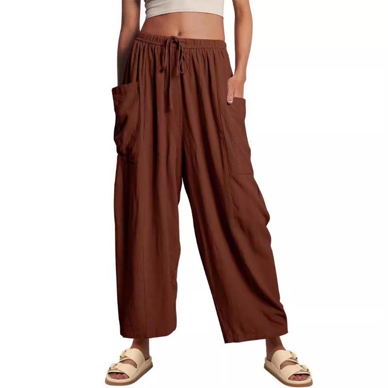 Spring and Summer Elastic Waist Pleated Mid Waist Straight Leg Pants, Loose Casual Cotton and Linen Cropped Pants