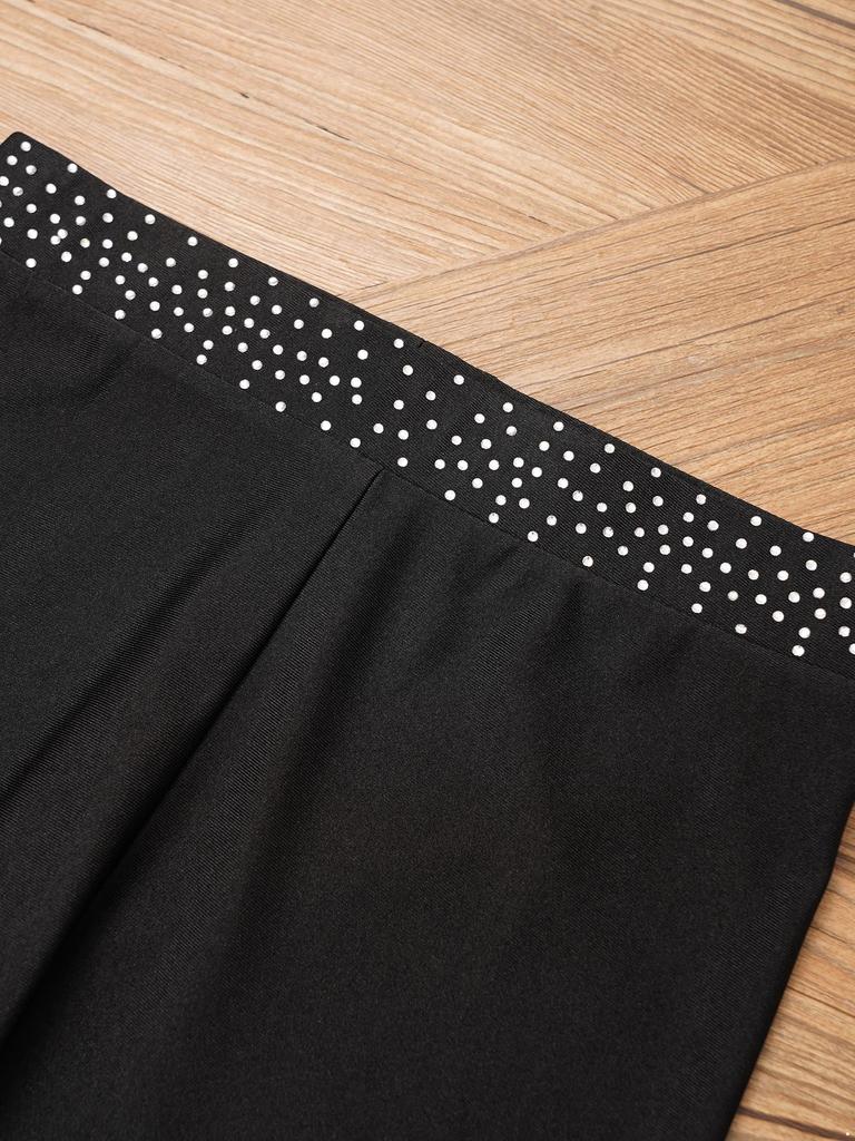 Girls Figure Skating Pants Sparkly Rhinestones Elastic Waistband Leggings Sheer Mesh Patchwork Trousers