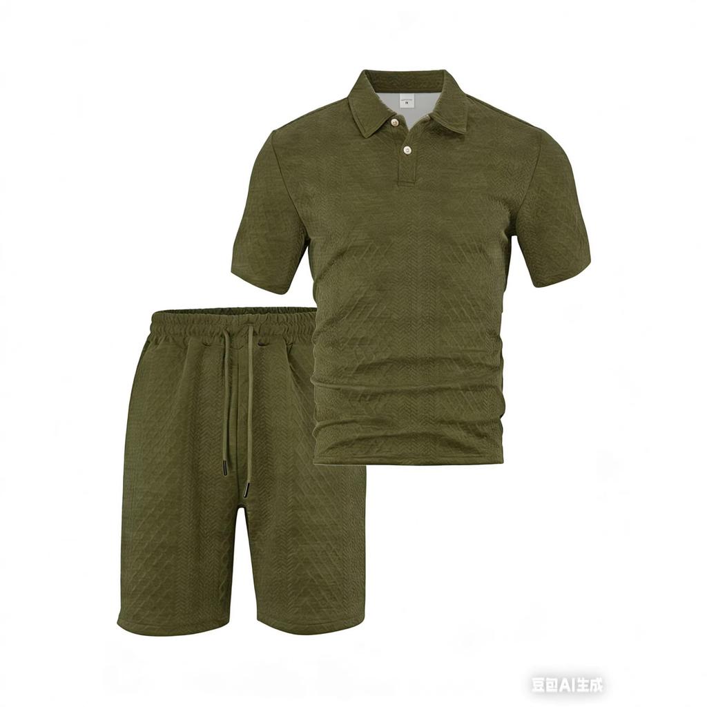 Mens Casual Sports Jacquard Short Sleeve Polo Shirt And Shorts Set