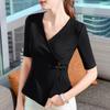 Buckle Medium-sleeved T-shirt Women's New Women's Cross V-neck Cotton T-shirt Irregular Hem Waist Top