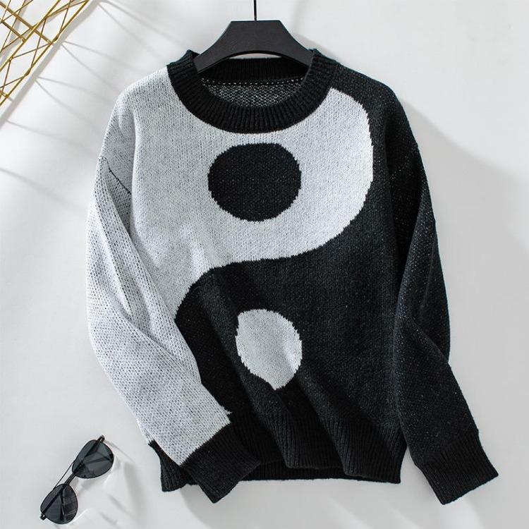 Vintage Print Loose Knitwear Cardigan Long Sleeve O-Neck Sweater Autumn Winter Top