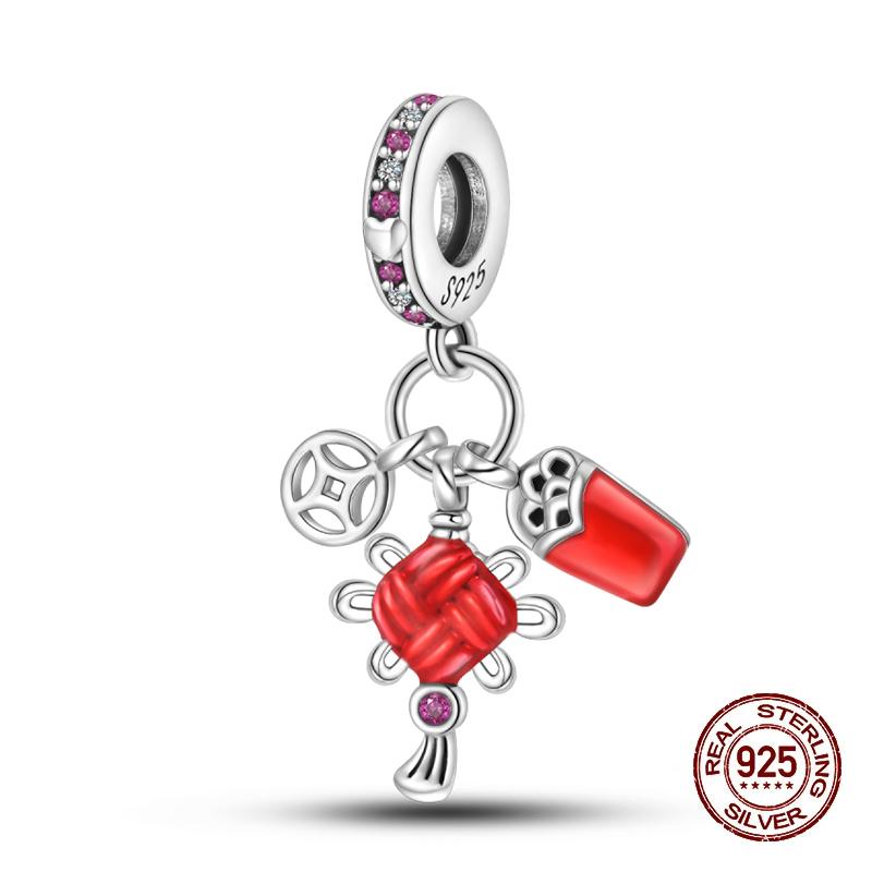 925 Silver Lantern Chinese Knot Charms New Year's Traditional Beads Fit 3mm 925 Exquisite Bracelets Fashion DIY Jewelry Gifts