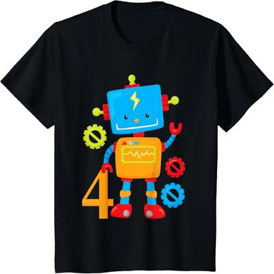Kids Boys 4th Birthday Gift Cute Robot T-Shirt