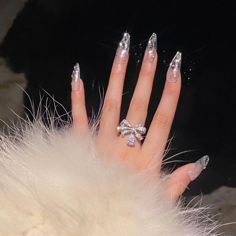 Bow, Water Drop Ring, Female Flash Diamond, Zircon, Light Luxury Texture, Niche Design, Sweet And Cool Style, Advanced Feeling Index Finger