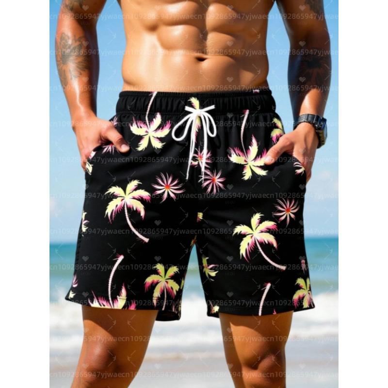 Summer Men Board Surf Shorts Coconut Tree Print Vacation Trunks Drawstring Elastic Quick Dry Hawaiian Beach Shorts Men Clothing XXL