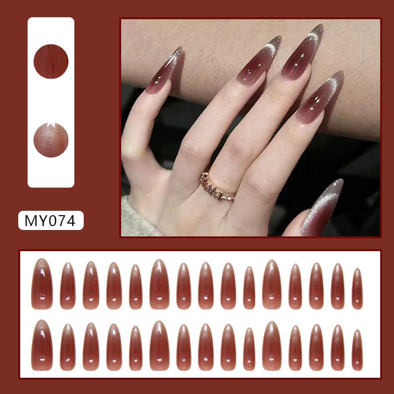 Removable Wine Red Cat Eye Long Press-On Nails - Sweet High-End Nail Art Stickers