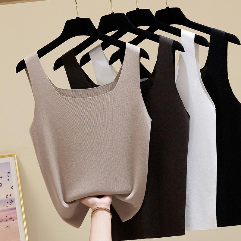 Fashion New Summer Sleeveless Knitted Tank Tops Women Square Collar Black White Knitted Vest Tanks Camis Women Tops JJ22