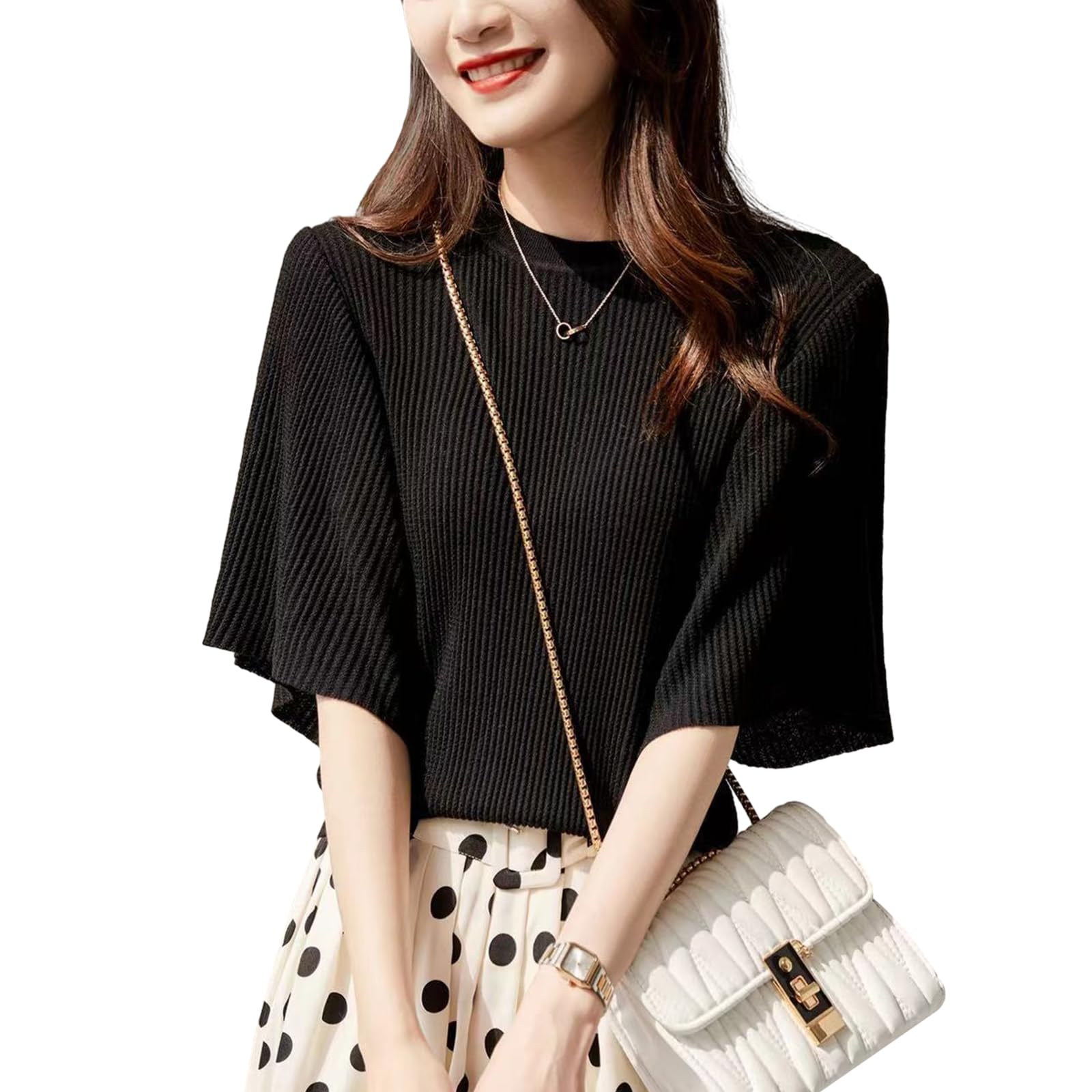 

Летний трикотаж для короткого тонкого рюша круглый прохладный для очень летнего трикотажа лето [MilaCorinna] женщины, рубчик, рукав, свитер, топ, шея, на ощупь, эластичный,