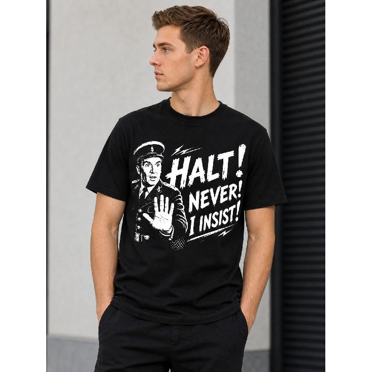 Men s black short-sleeve graphic tee with vintage military officer print and bold HALT! NEVER! I INSIST! text, relaxed fit crew neck cotton shirt S чёрный