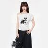 Pure Desire Wind Slanted Shoulder Off-the-shoulder Puppy Print Short-sleeved T-shirt Women's Summer Design Pleated Waist Top