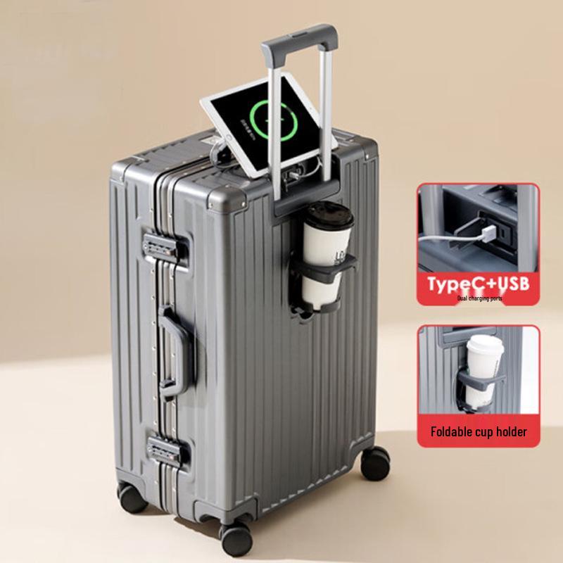 24" Aluminum Suitcase with Combination Lock - Large Capacity Trolley for Men, Women, and Students, 20" Carry-on with Leather Accents