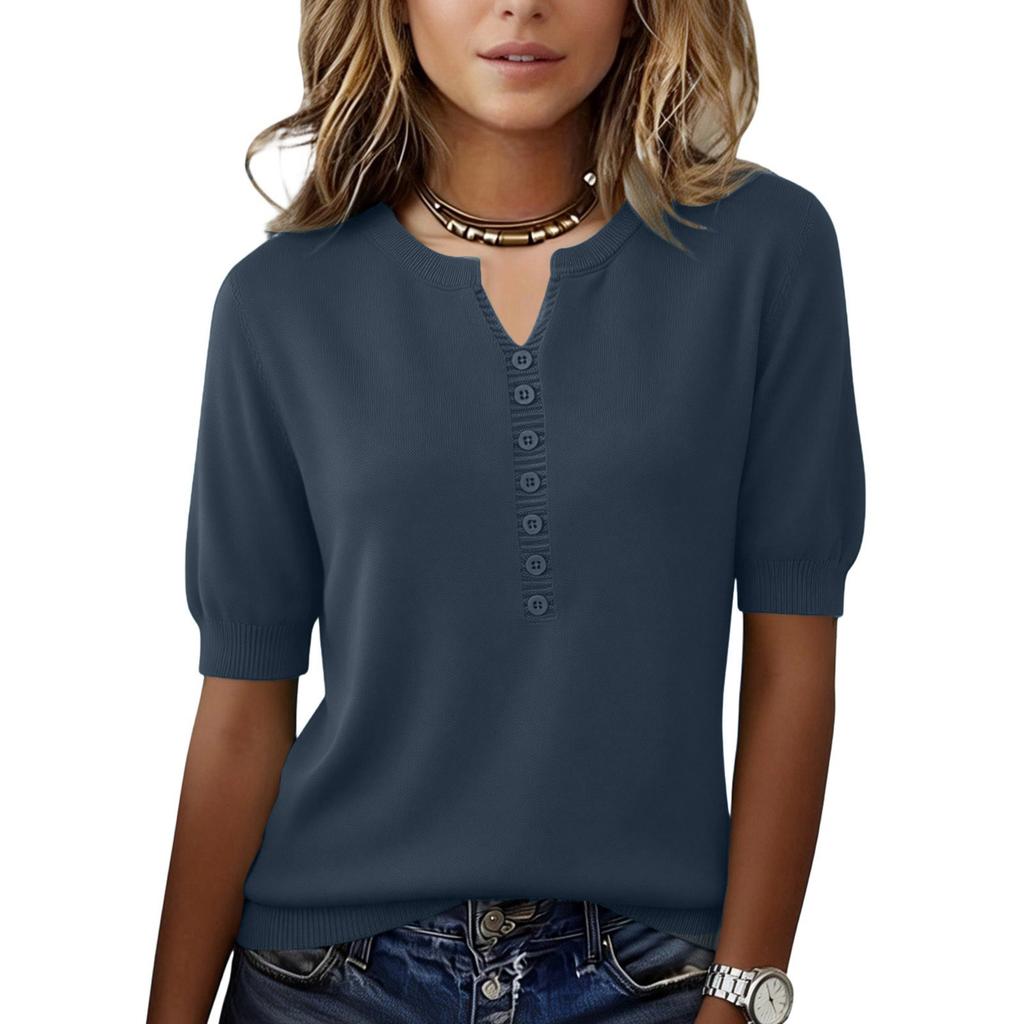 Women’s Short Sleeve Knit Top with Button Front Notched Neckline Pullover Casual Soft Lightweight Sweater Blouse