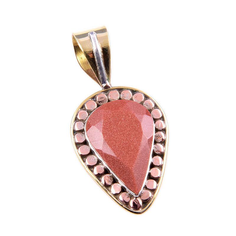 Natural Sunstone Gemstone 925 Solid Sterling Silver Two Tone Pendant 1.5" Y9h96