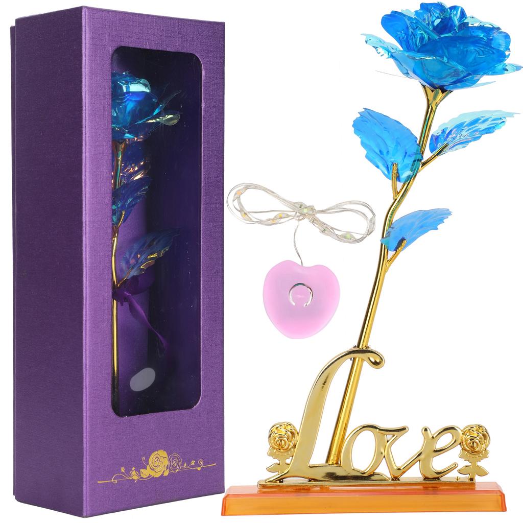 Transparent Rose Flower with LoveShaped Display Stand Craft Collection Purple Packing Box
