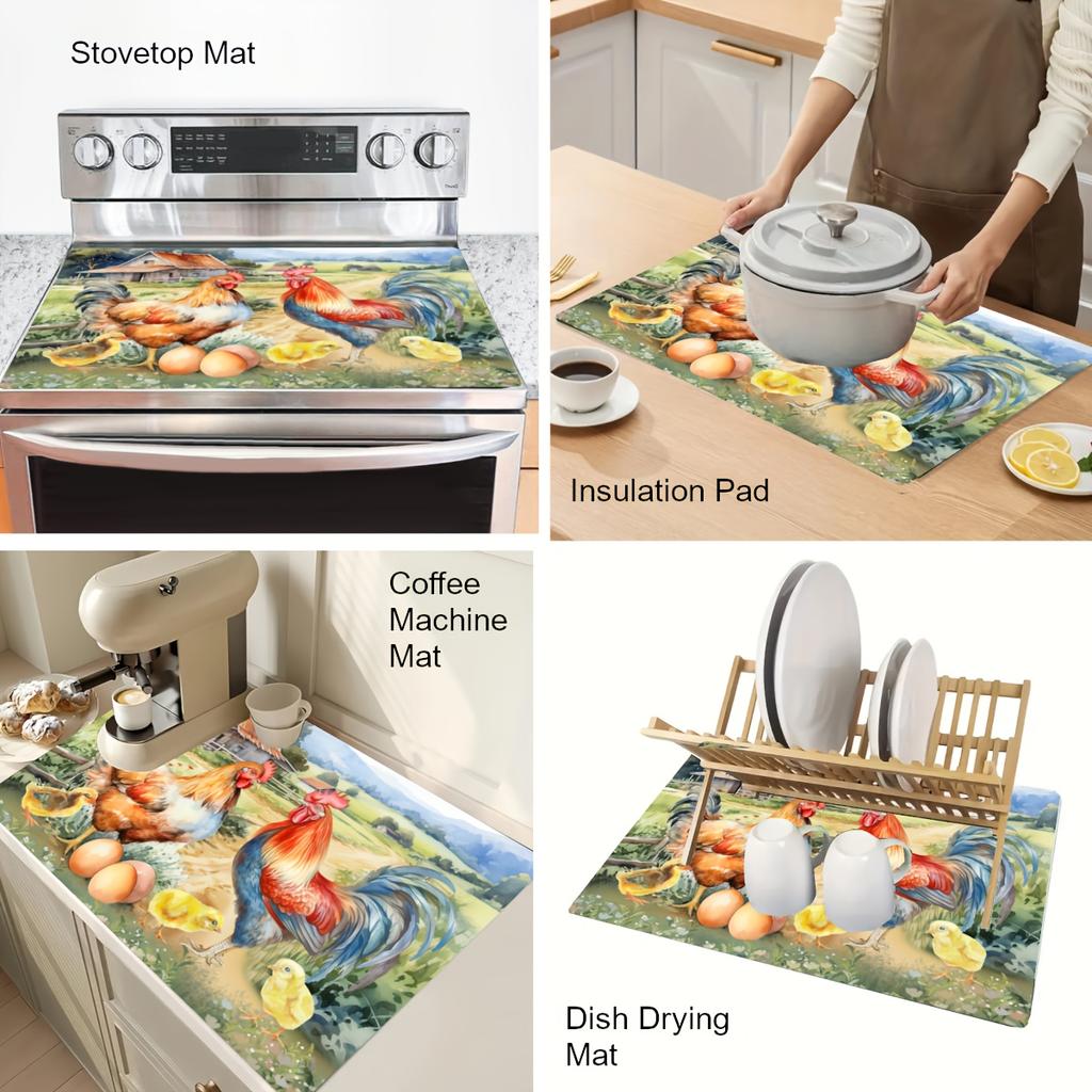 1 Stück Gummi-Abtropfmatte mit Hahn-Aufdruck für Café, Restaurant, Küche, Teppich, Tischgeschirr, langlebige Kieselgur-Tischmatte, Haustiermatte, Kaffeegeschirr