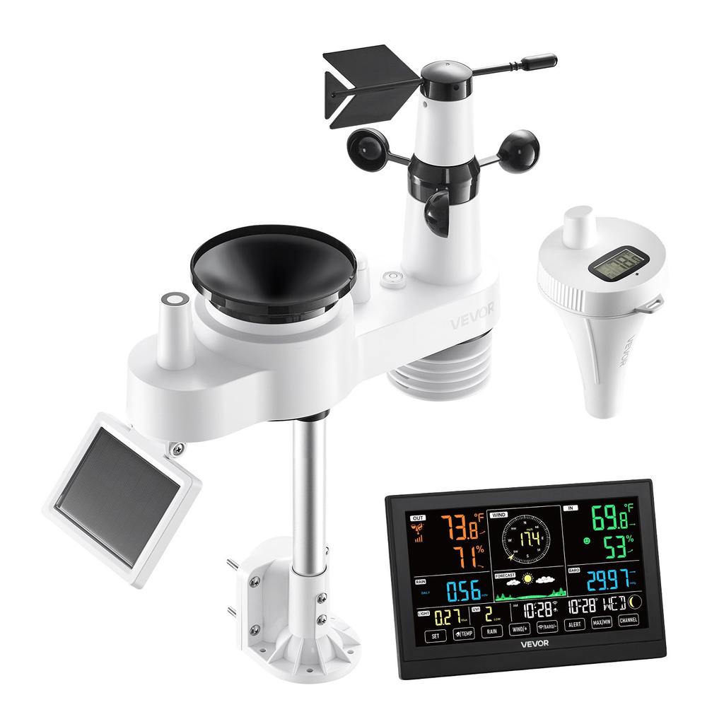 VEVOR 7-in-1 Wi-Fi Weather Station with APP, 190.5 Mm Display, Wireless Solar Powered Outdoor Sensor, with Pool Thermometer, Rain Gauge