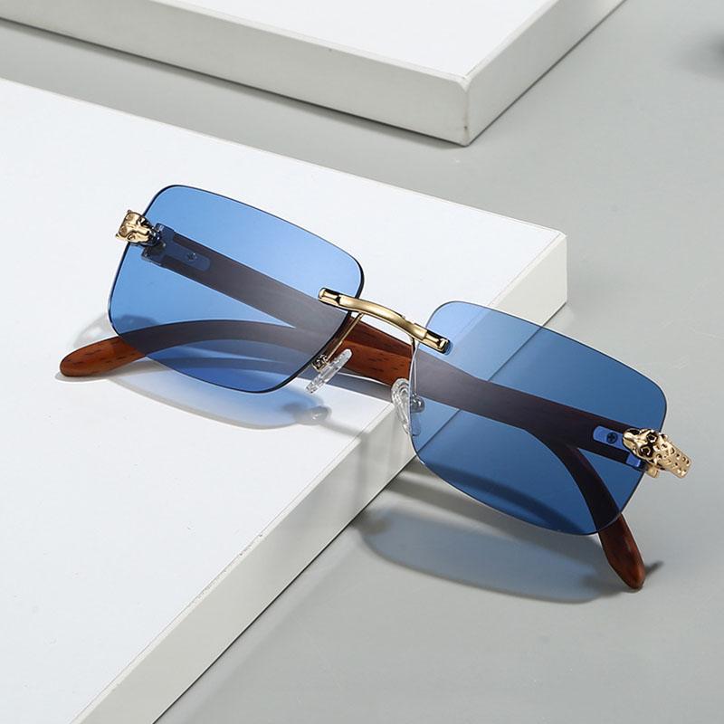 Rimless Square Sunglasses Women For Men Vintage Sun Glasses Punk Popular Leopard Head Luxury Brand Designer Wooden Grain Shades