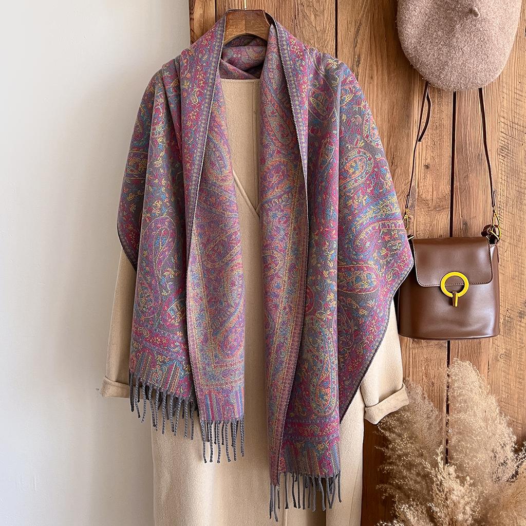 Fashion Women'S Cashmere Winter Shawl - Vintage Oil Painting Floral Printed Tasseled Pashmina Thick Wrap & Echarpe Poncho