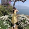French Small Yellow Suspender Dress Women's Summer New Waist Temperament Long Dress Seaside Vacation Skirt