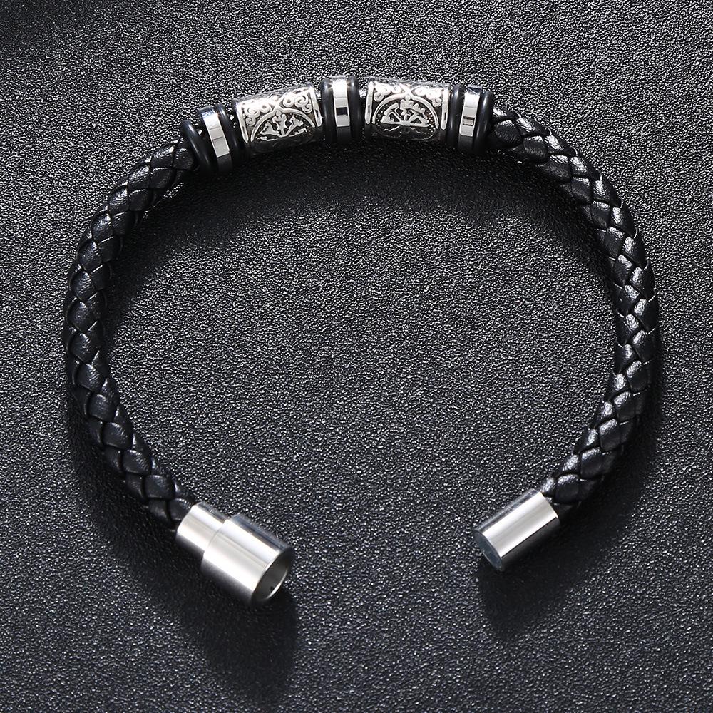 Trendy European-American Woven Leather & Stainless Steel Bracelet