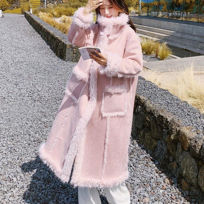 Pink Fur Integrated Coat for Women's Autumn and Winter New Long Thickened Wool Cotton Clothes