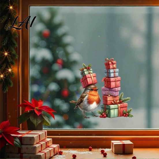 Redbreast Wall Stickers Christmas Window Static Sticker Decorative Reusable Decal PVC Festive Waterproof Mural Decor Holiday Cling for Home