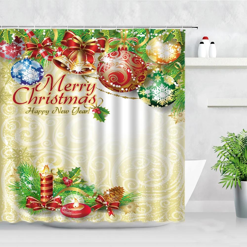Winter Christmas Shower Curtains Xmas Ball Gift Cedar Natural Landscape New Year Home Decor Bathroom Fabric Bath Curtain Hooks