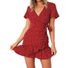 Summer V-neck Printed Short-sleeved Skirt, Lace-up Ruffled Dress, Fashionable, Sexy, Elegant and Generous Ladies Long Skirt