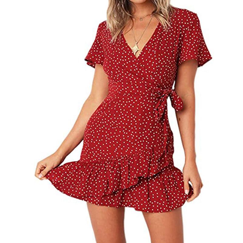 Summer V-neck Printed Short-sleeved Skirt, Lace-up Ruffled Dress, Fashionable, Sexy, Elegant and Generous Ladies Long Skirt
