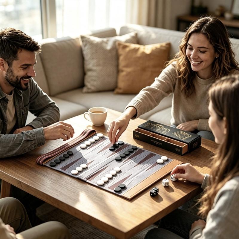 Flexible Backgammon Game Set with PU Playing Board and Acrylic Counters, Elastic Storage Closure for Camping, Commutes, and Indoor Play