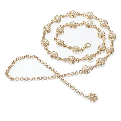 Metal Waist Chain Flower Pearl Inlaid Belt for Women Adjustable Body Link Fashion Accessory Dress Belt Trouser Belt Women's Accessories