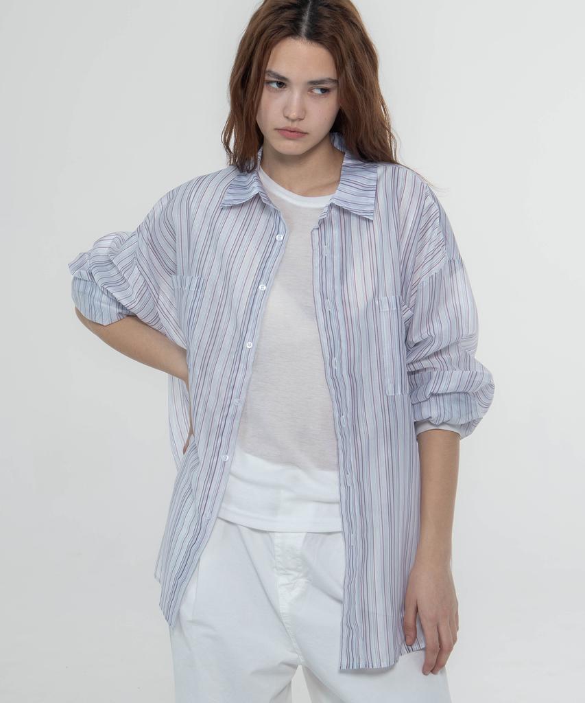 CHICKS Oversized Striped See-Through Shirt Blue