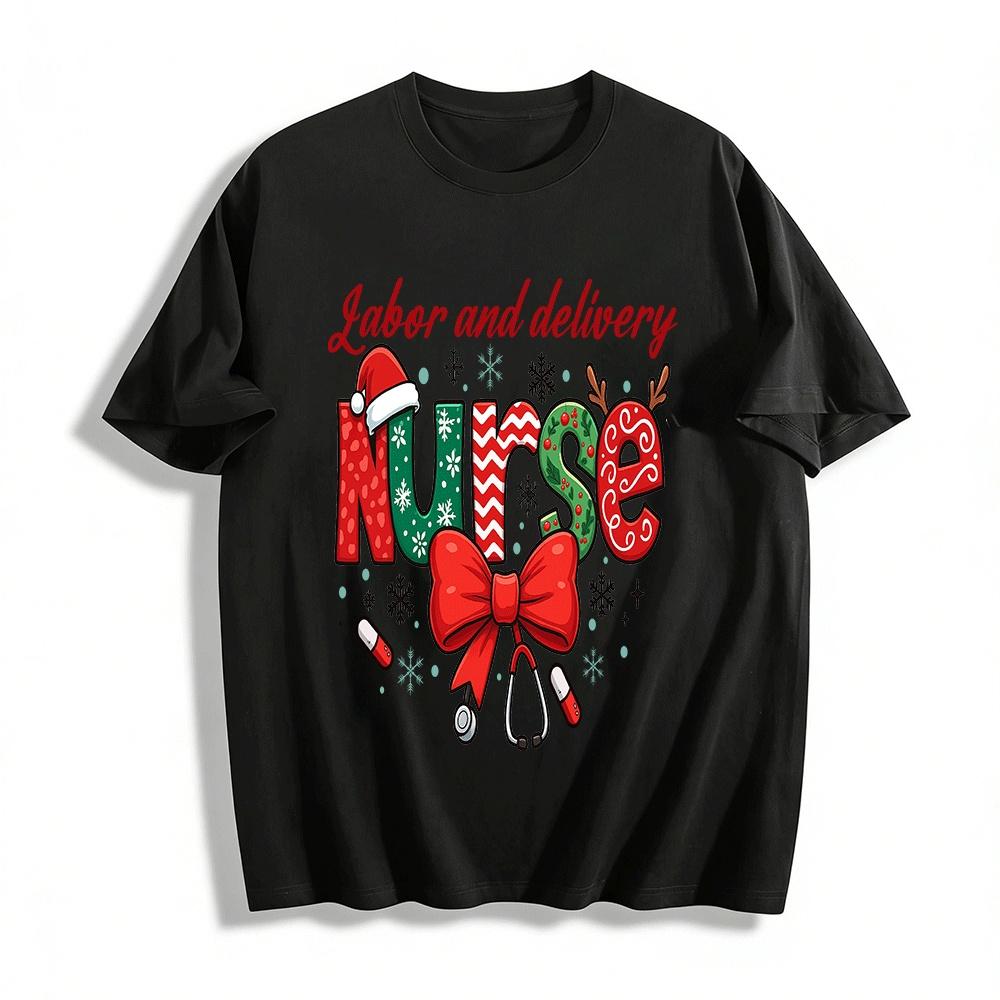Christmas Themed Labor And Delivery Nurse Printed Top Pure cotton T-shirt XXS