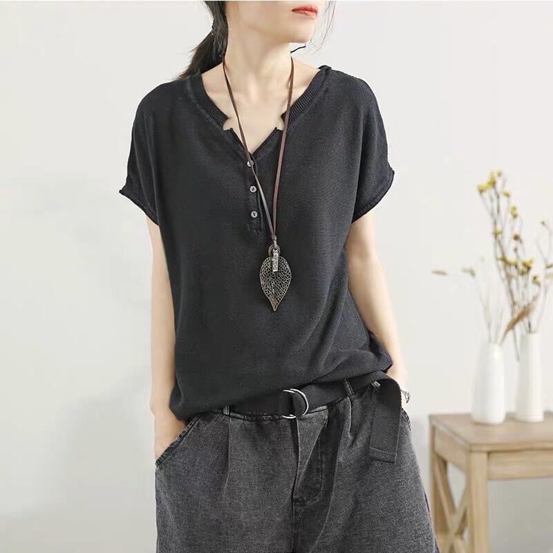 

Spring/Summer Women s Knitted T-shirt V-neck Short Sleeved Thin Bottom Shirt Loose Top for Women S чёрный