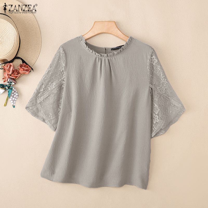 ZANZEA Women Casual Round Neck Lace Splice Half Sleeve Blouse