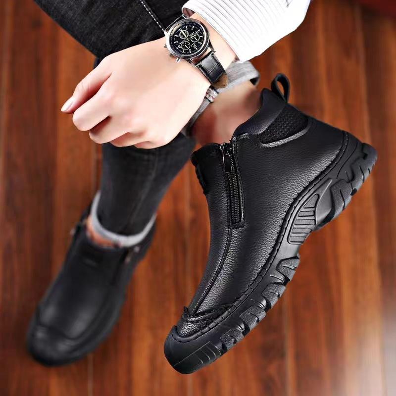 Winter Men Boots Thick Plush Warm Snow Boots Leather Zipper Men's Ankle Boots Platform Non-slip Waterproof Mens Hiking Shoes