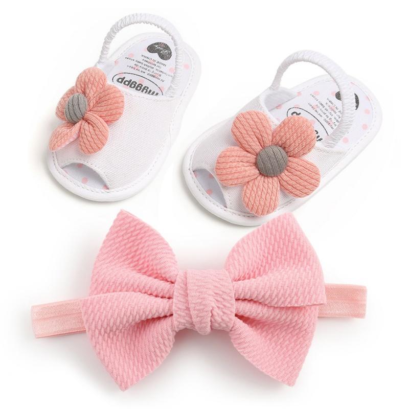 Newborn Baby Girls Shoes Bow Breathable Anti-Slip Summer Shoes Sandals+Headband 0-18M